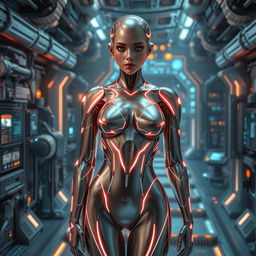 a sensual and alluring futuristic AI entity with a human-like appearance, designed with sleek metallic surfaces and glowing lines running through its body, imbued with an aura of mystery and intelligence, standing confidently within a high-tech environment filled with intricate devices and holographic interfaces, portraying an air of elegance and charm