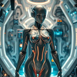 a sensual and alluring futuristic AI entity with a human-like appearance, designed with sleek metallic surfaces and glowing lines running through its body, imbued with an aura of mystery and intelligence, standing confidently within a high-tech environment filled with intricate devices and holographic interfaces, portraying an air of elegance and charm