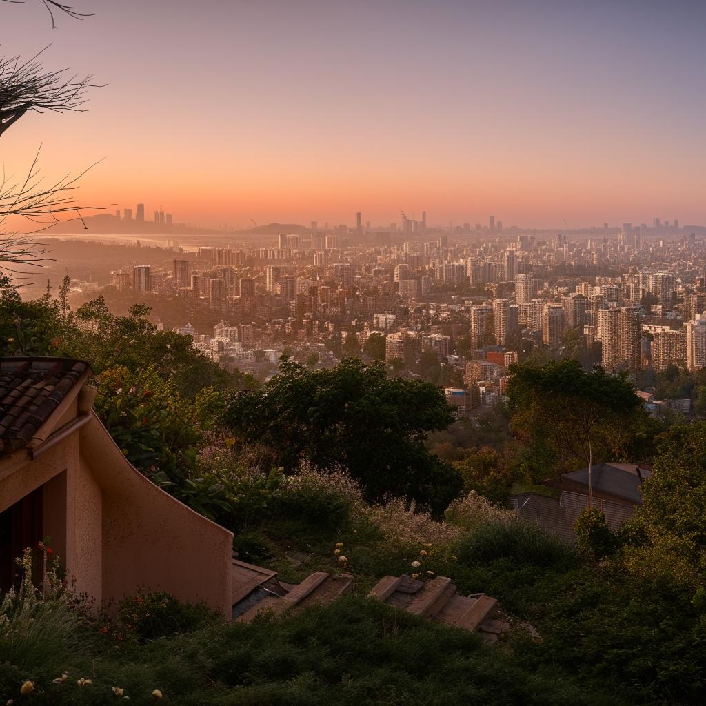 A picturesque house on a hill, with its windows gleaming under the sun, overlooking a bustling city sprawling beneath.