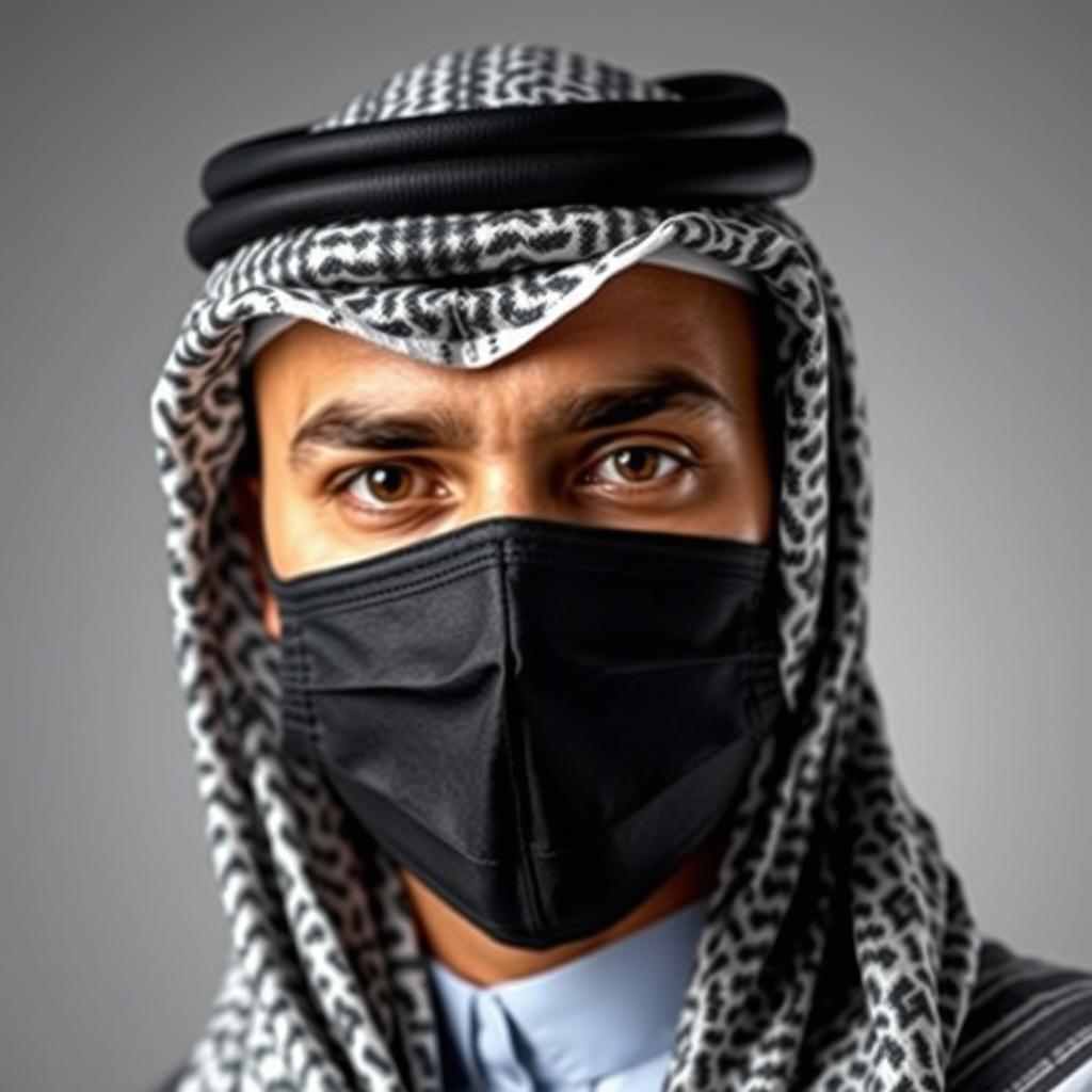 The head of an Arab person wearing a professionally styled shemagh and mask