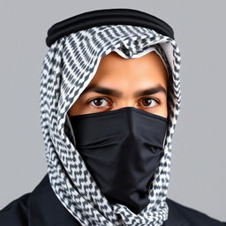 The head of an Arab person wearing a professionally styled shemagh and mask