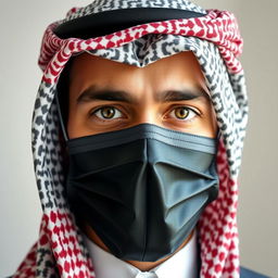 The head of an Arab person wearing a professionally styled shemagh and mask