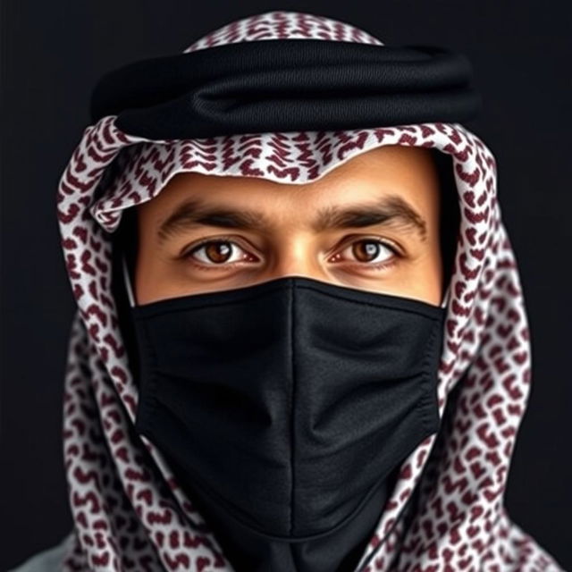 The head of an Arab person wearing a professionally styled shemagh and mask