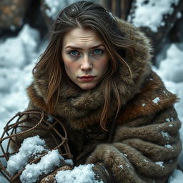 A 30-year-old stocky female Arctic medieval trapper with a paranoid expression