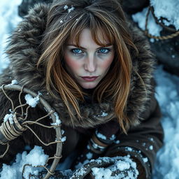 A 30-year-old stocky female Arctic medieval trapper with a paranoid expression