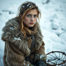 A 30-year-old stocky female Arctic medieval trapper with a paranoid expression