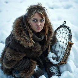 A 30-year-old stocky female Arctic medieval trapper with a paranoid expression