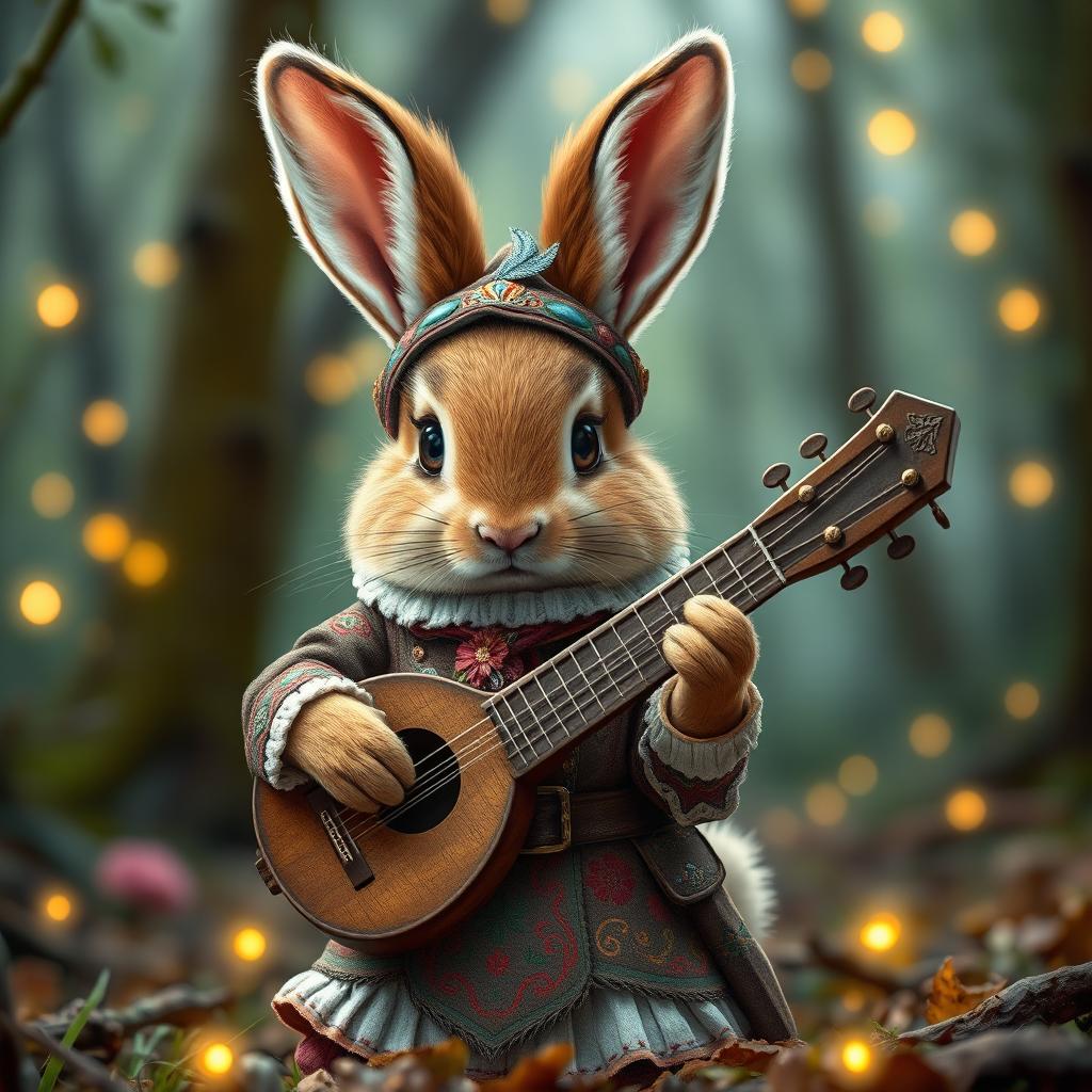 a whimsical brown bunny dressed as a Dungeons & Dragons bard, featuring a lute slung over its tiny shoulder, fluffy ears perked up and expressive eyes showing excitement, wearing a colorful, elaborate bard's outfit complete with a feathered hat and intricate embroidery, set in a magical forest with twinkling fairy lights around