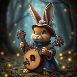 a whimsical brown bunny dressed as a Dungeons & Dragons bard, featuring a lute slung over its tiny shoulder, fluffy ears perked up and expressive eyes showing excitement, wearing a colorful, elaborate bard's outfit complete with a feathered hat and intricate embroidery, set in a magical forest with twinkling fairy lights around