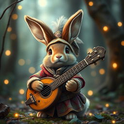 a whimsical brown bunny dressed as a Dungeons & Dragons bard, featuring a lute slung over its tiny shoulder, fluffy ears perked up and expressive eyes showing excitement, wearing a colorful, elaborate bard's outfit complete with a feathered hat and intricate embroidery, set in a magical forest with twinkling fairy lights around