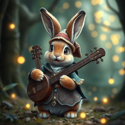 a whimsical brown bunny dressed as a Dungeons & Dragons bard, featuring a lute slung over its tiny shoulder, fluffy ears perked up and expressive eyes showing excitement, wearing a colorful, elaborate bard's outfit complete with a feathered hat and intricate embroidery, set in a magical forest with twinkling fairy lights around