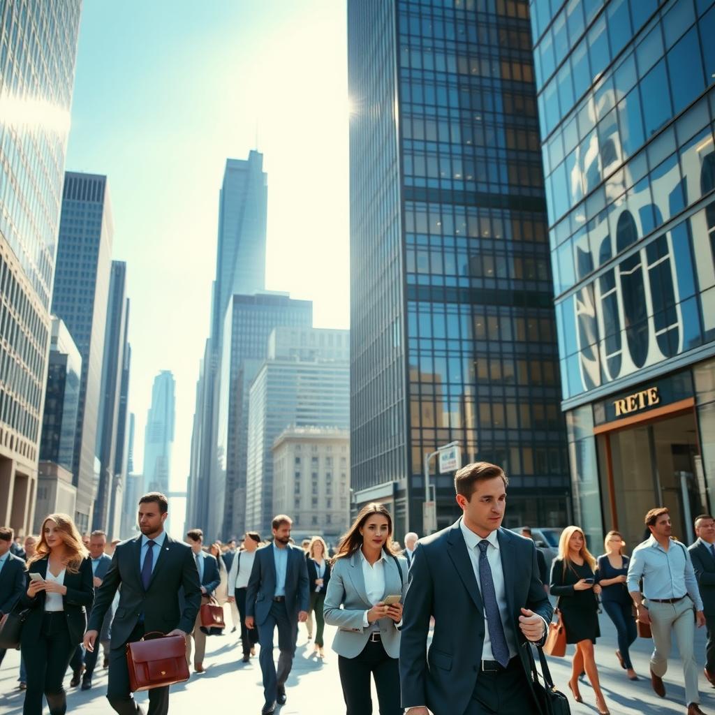 A bustling downtown corporate environment with high-rise buildings