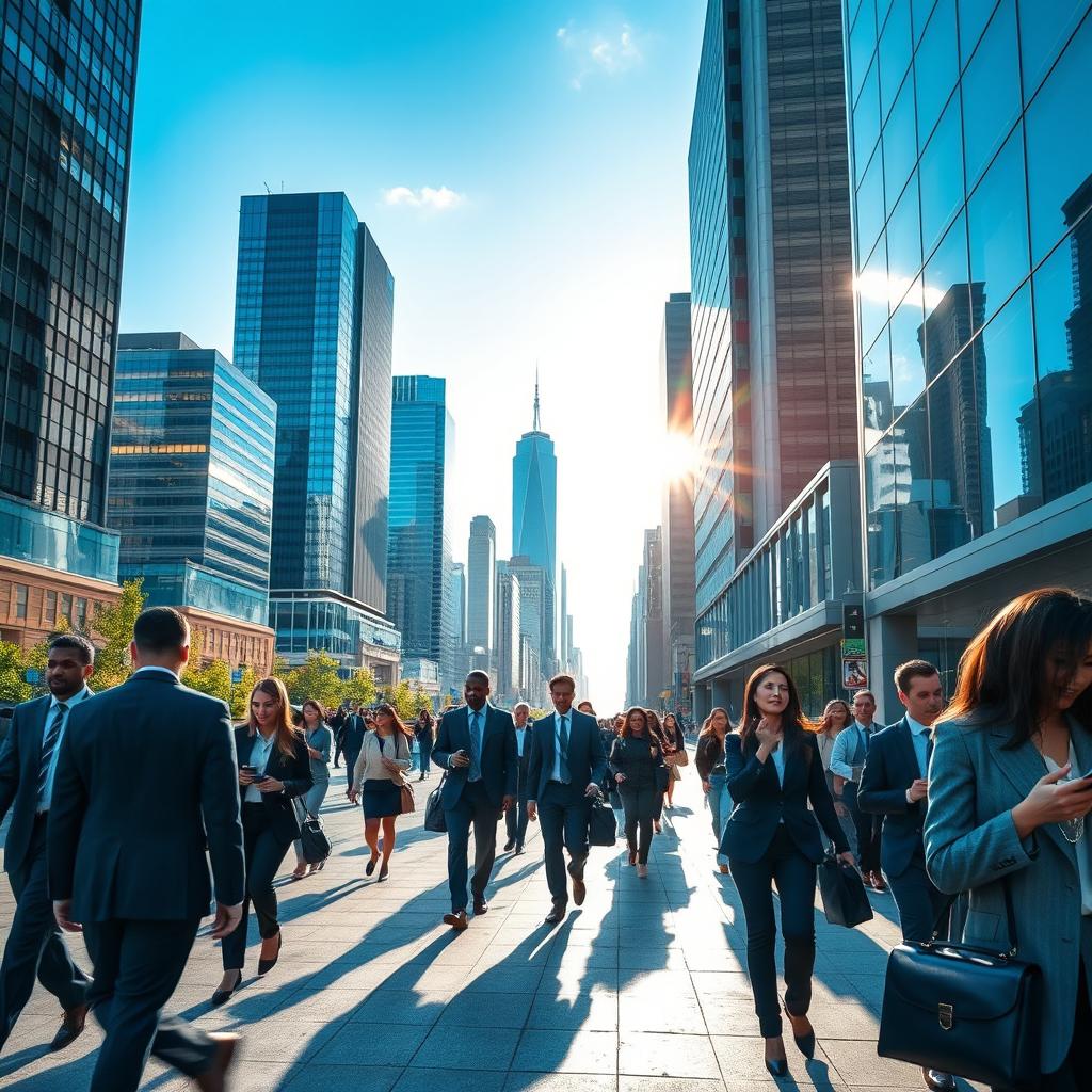 A bustling downtown corporate environment with high-rise buildings