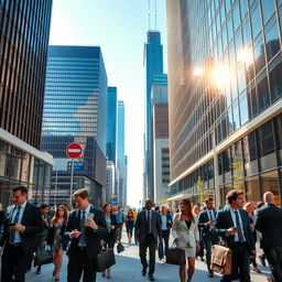 A bustling downtown corporate environment with high-rise buildings