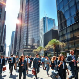 A bustling downtown corporate environment with high-rise buildings