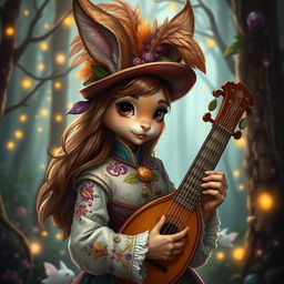 a charming brown-skinned female human-bunny hybrid dressed as a Dungeons & Dragons bard, with long fluffy bunny ears, holding a lute with elegance, wearing a colorful, ornate bard's attire complete with a feathered hat and detailed embroidery, set in an enchanting forest filled with glowing fairy lights and mystical elements