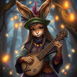 a charming brown-skinned female human-bunny hybrid dressed as a Dungeons & Dragons bard, with long fluffy bunny ears, holding a lute with elegance, wearing a colorful, ornate bard's attire complete with a feathered hat and detailed embroidery, set in an enchanting forest filled with glowing fairy lights and mystical elements