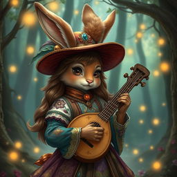 a charming brown-skinned female human-bunny hybrid dressed as a Dungeons & Dragons bard, with long fluffy bunny ears, holding a lute with elegance, wearing a colorful, ornate bard's attire complete with a feathered hat and detailed embroidery, set in an enchanting forest filled with glowing fairy lights and mystical elements