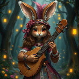 a charming brown-skinned female human-bunny hybrid dressed as a Dungeons & Dragons bard, with long fluffy bunny ears, holding a lute with elegance, wearing a colorful, ornate bard's attire complete with a feathered hat and detailed embroidery, set in an enchanting forest filled with glowing fairy lights and mystical elements