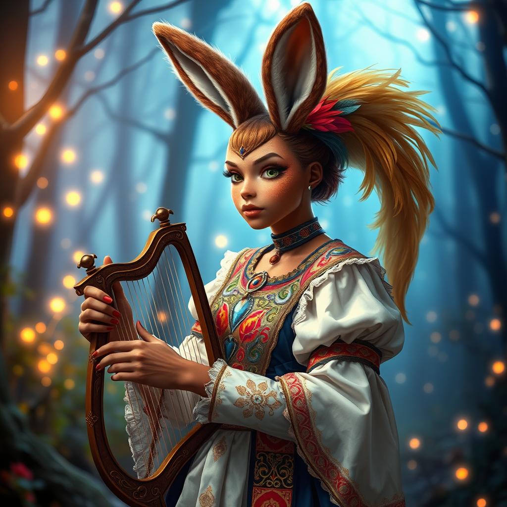 a captivating brown-skinned female human-bunny hybrid dressed as a Dungeons & Dragons bard, with long fluffy bunny ears, gracefully holding a lyre, wearing a colorful, ornate bard's attire with feathered hat and intricate embroidery, set amidst an ethereal forest glowing with fairy lights and mystical vibes