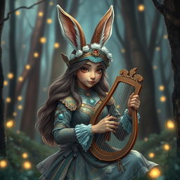 a captivating brown-skinned female human-bunny hybrid dressed as a Dungeons & Dragons bard, with long fluffy bunny ears, gracefully holding a lyre, wearing a colorful, ornate bard's attire with feathered hat and intricate embroidery, set amidst an ethereal forest glowing with fairy lights and mystical vibes