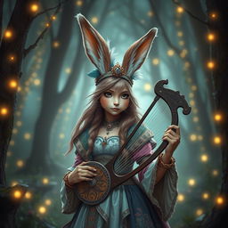 a captivating brown-skinned female human-bunny hybrid dressed as a Dungeons & Dragons bard, with long fluffy bunny ears, gracefully holding a lyre, wearing a colorful, ornate bard's attire with feathered hat and intricate embroidery, set amidst an ethereal forest glowing with fairy lights and mystical vibes