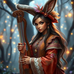 a captivating brown-skinned female human-bunny hybrid dressed as a Dungeons & Dragons bard, with long fluffy bunny ears, gracefully holding a lyre, wearing a colorful, ornate bard's attire with feathered hat and intricate embroidery, set amidst an ethereal forest glowing with fairy lights and mystical vibes