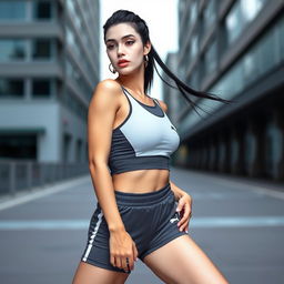 A woman with striking black hair and white skin wearing a stylish Puma top and coordinating shorts