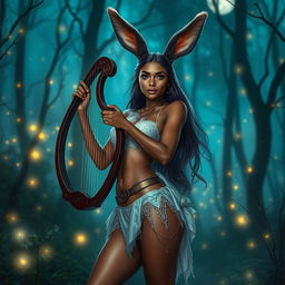 a captivating brown-skinned female human-bunny hybrid dressed in only panties as a Dungeons & Dragons bard, with long fluffy bunny ears, elegantly holding a lyre, her skin glistening in the moonlight, set amidst an ethereal forest glowing with fairy lights and mystical vibes