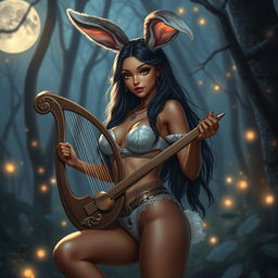 a captivating brown-skinned female human-bunny hybrid dressed in only panties as a Dungeons & Dragons bard, with long fluffy bunny ears, elegantly holding a lyre, her skin glistening in the moonlight, set amidst an ethereal forest glowing with fairy lights and mystical vibes