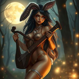 a captivating brown-skinned female human-bunny hybrid dressed in only panties as a Dungeons & Dragons bard, with long fluffy bunny ears, elegantly holding a lyre, her skin glistening in the moonlight, set amidst an ethereal forest glowing with fairy lights and mystical vibes