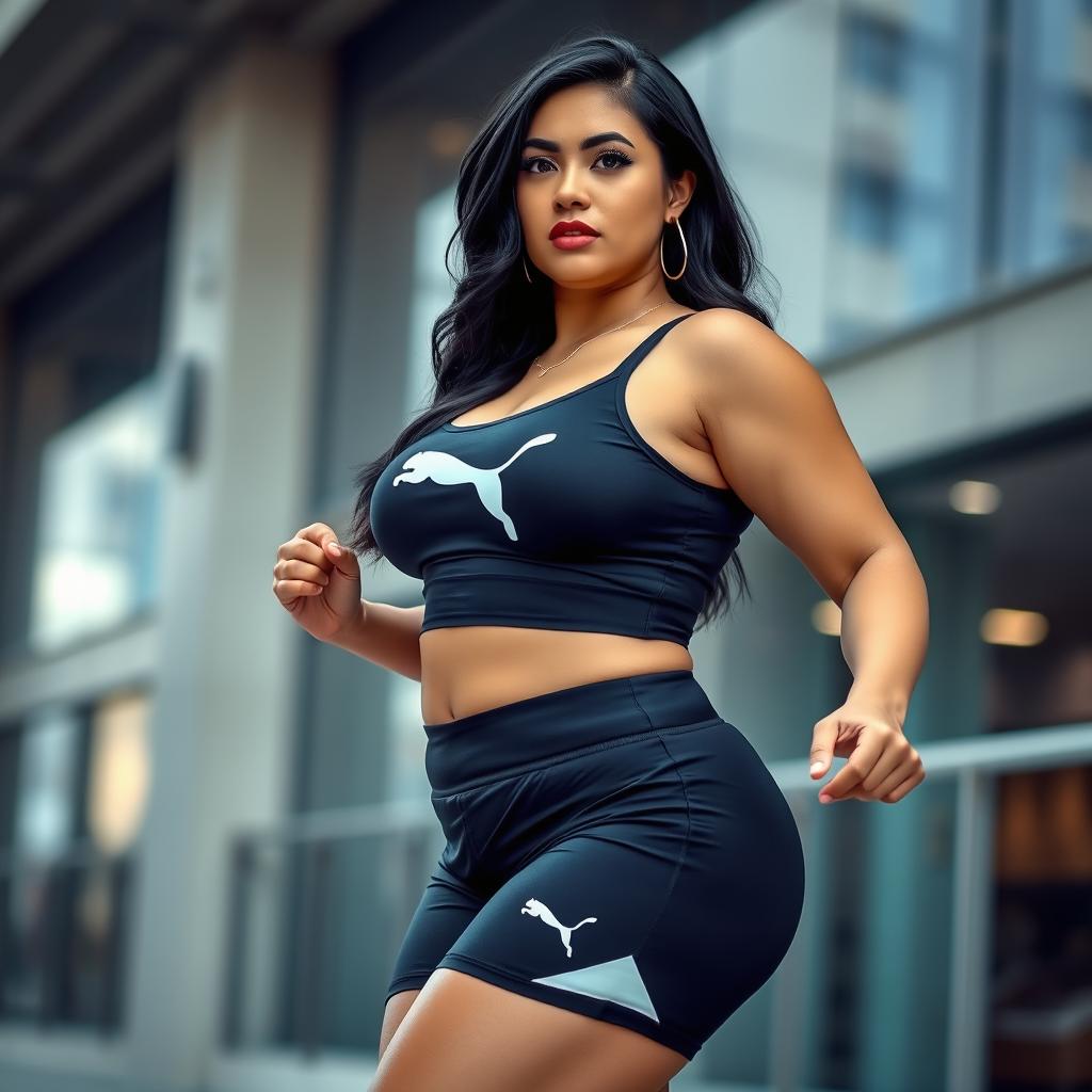 An American woman with glossy black hair, wearing a stylish Puma top and coordinating shorts