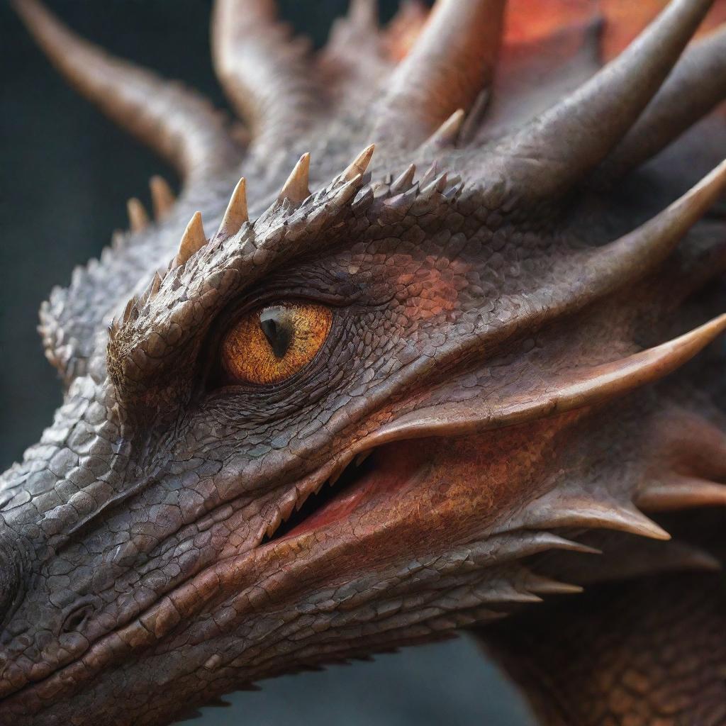 A simple yet expressive close-up of a dragon's face, viewed from the side profile. The focus is on prominent features: the piercing eye, sharp scales, and breath primed for fire.