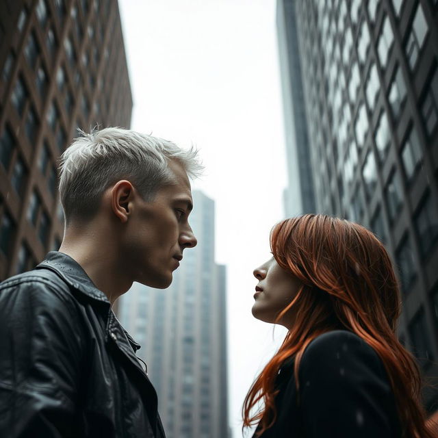 A platinum-haired man and a red-haired woman facing each other, standing under the rain