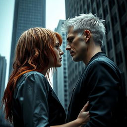 A platinum-haired man and a red-haired woman facing each other, standing under the rain