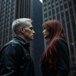 A platinum-haired man and a red-haired woman facing each other, standing under the rain