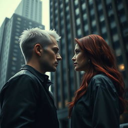 A platinum-haired man and a red-haired woman facing each other, standing under the rain