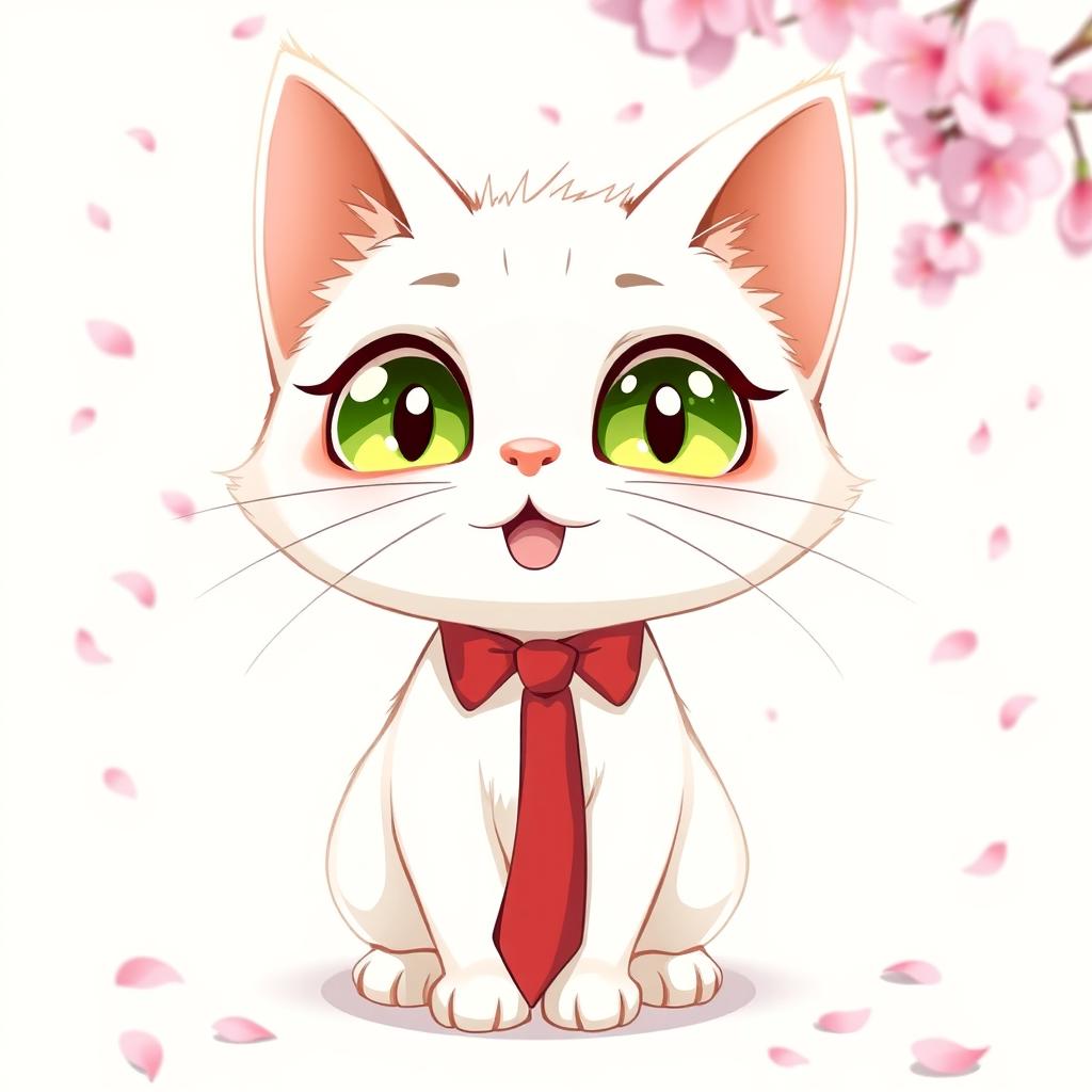 Anime illustration of a charming white cat with large, expressive green eyes and a playful demeanor