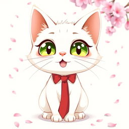 Anime illustration of a charming white cat with large, expressive green eyes and a playful demeanor