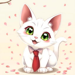 Anime illustration of a charming white cat with large, expressive green eyes and a playful demeanor