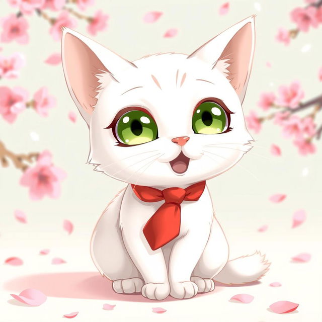 Anime illustration of a charming white cat with large, expressive green eyes and a playful demeanor