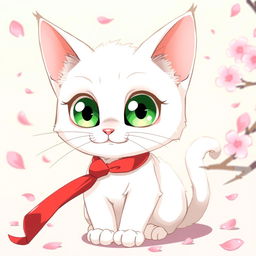 Anime illustration of a charming white cat with large, expressive green eyes and a playful demeanor