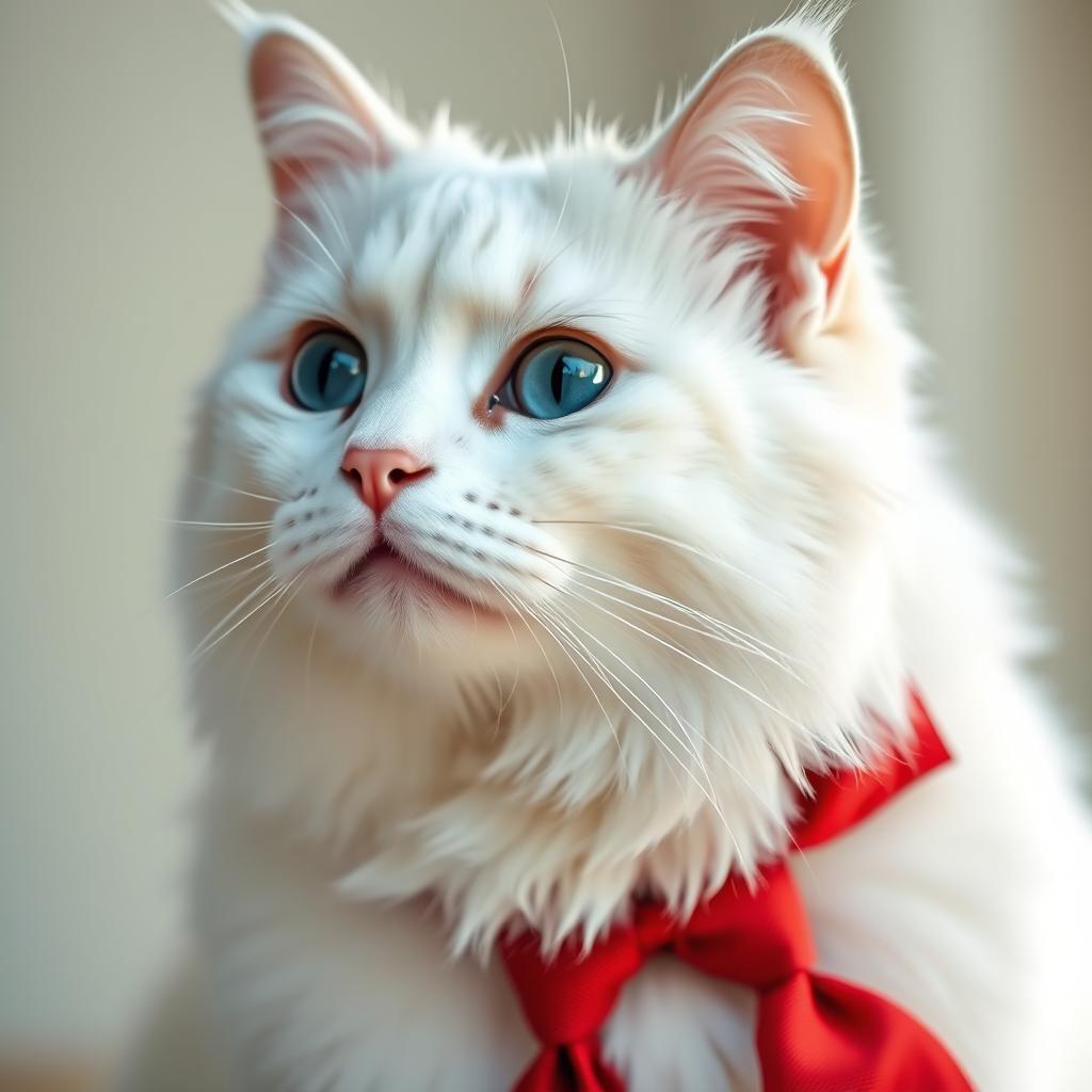 Hyper-realistic portrayal of a majestic white cat with silky, pristine fur that showcases its elegance and grace