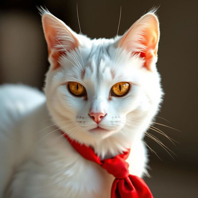 Hyper-realistic depiction of a graceful white female cat with a luxurious, silky coat