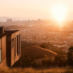 A picturesque house on a hill, with its windows gleaming under the sun, overlooking a bustling city sprawling beneath.