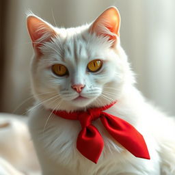 Hyper-realistic depiction of a graceful white female cat with a luxurious, silky coat