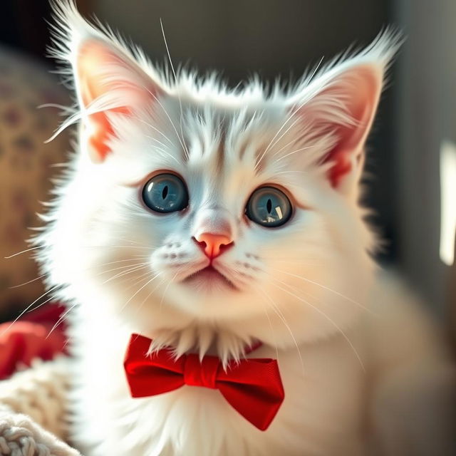 Adorable and realistic portrayal of a cute white female cat with fluffy, snow-white fur