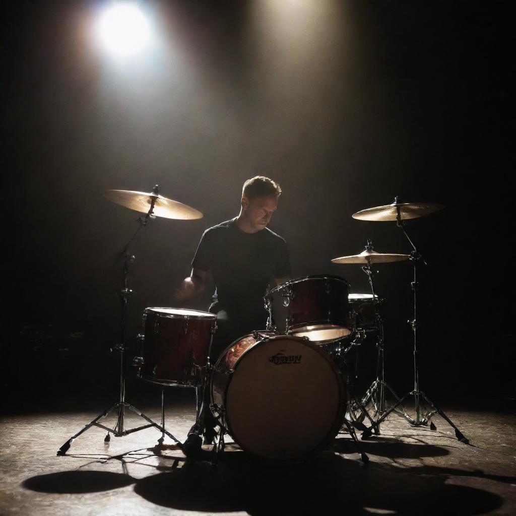 A drummer energetically playing on a drum set, under a spotlight on a dimly lit stage