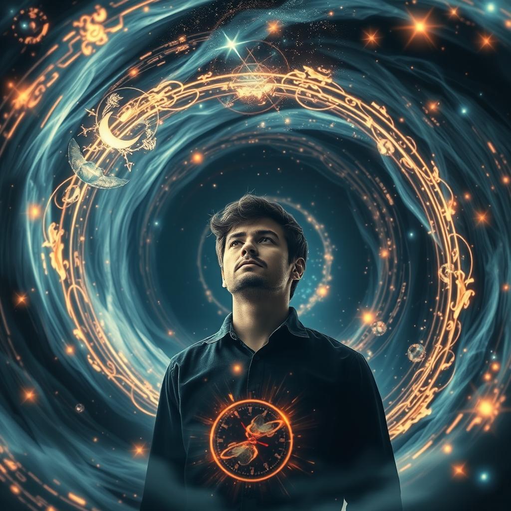 a mesmerizing scene of time travel reflecting the concept of destiny and mystery, featuring a person at the center of a swirling vortex of time, with visual elements representing both the past and the future