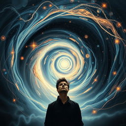 a mesmerizing scene of time travel reflecting the concept of destiny and mystery, featuring a person at the center of a swirling vortex of time, with visual elements representing both the past and the future